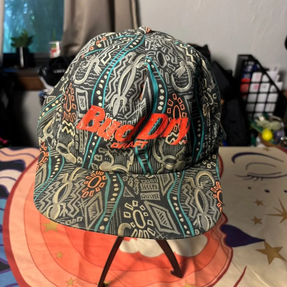 Vintage Bud Dry Draft Hat All Over Tribal Lizard Print Snapback Beer Promo Cap